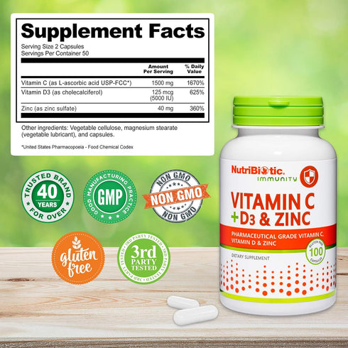 NutriBiotic Vitamin C + Vitamin D3 & Zinc, 100 Capsules | Comprehensive Immune Support | Antioxidant Daily Supplement,