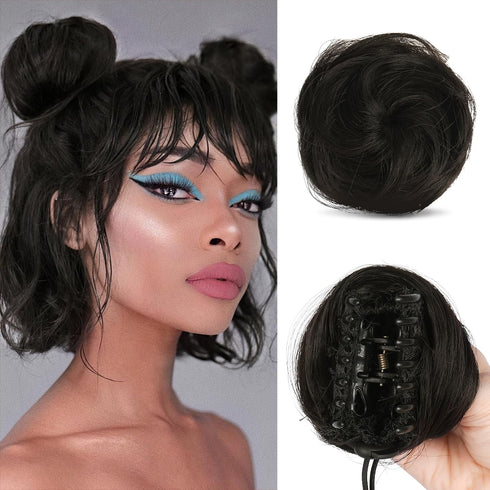 SOFEIYAN 2PCS Mini Claw Clip Hair Bun Extension, Synthetic Wig Accessory Updo Space Bun Hair Messy Cat Ears for Women,