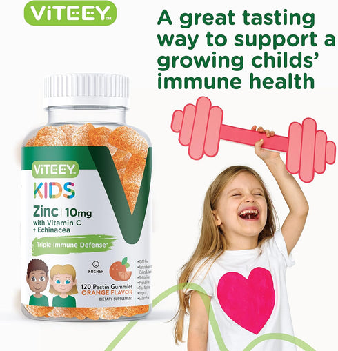 Zinc for Kids Gummies 10mg, with Vitamin C & Echinacea - Immune Support, Chewable Orange Flavor