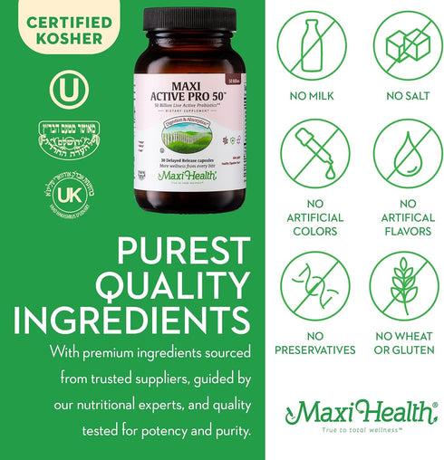 Maxi Health Probiotic Plus Ultimate Prebiotic - 50 Billion Live Active Probiotics Formula - 15 Strains - 30 Count