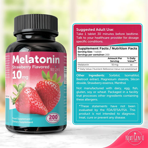 NGU Next Gen U 10 200 Melatonin Tablets - mg Dietary Supplement - Strawberry Flavored - Vegan Tablets - by NextGenU