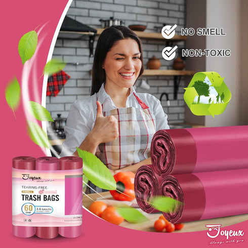 JOYEUX 2.6 Gallon Small Trash Bags, 60 Count Thickened Drawstring Mini Garbage Bags for Home Office Kitchen