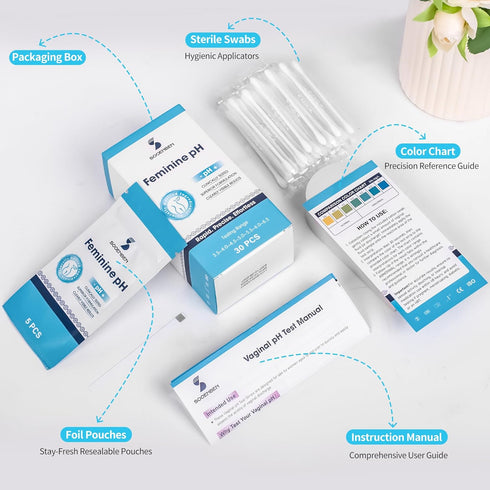 Sooenben 30 30 At-Home Vaginal pH Test Kit: Strips + Individually Wrapped Swabs - Fast & Accurate Feminine Health