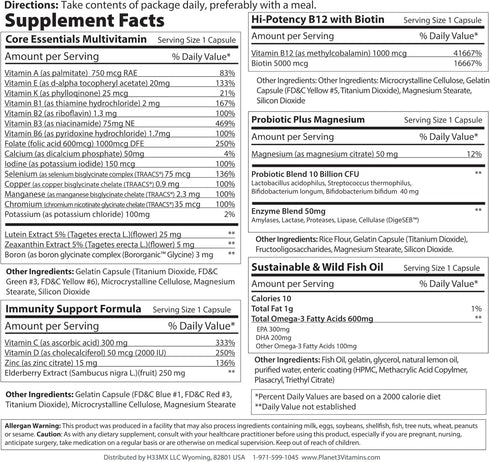 Planet 3 Vitamin Packs, Energy, Immune & Heart Support with Multivitamin, 30 Daily Packs for Men & Women