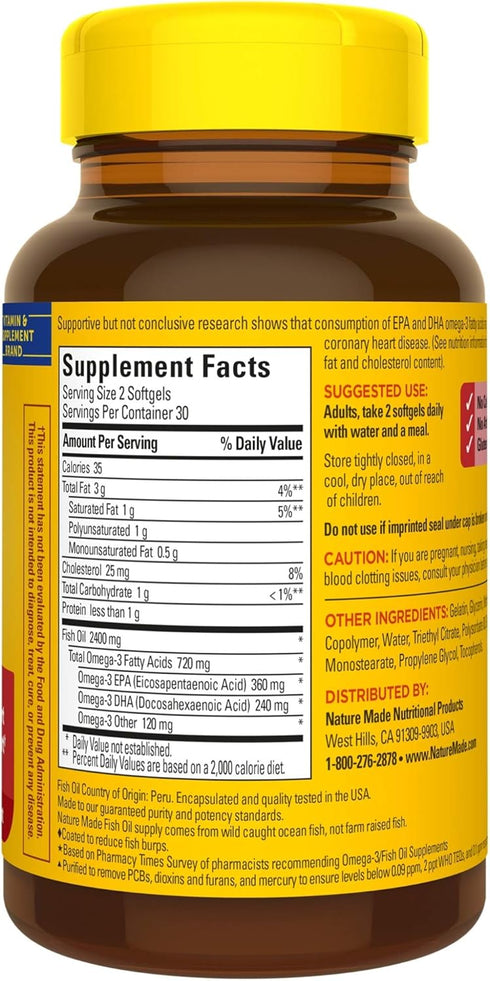 Nature Made Burp-Less Fish Oil 1200 mg, 60 Softgels for Heart Health (Pack of 3)