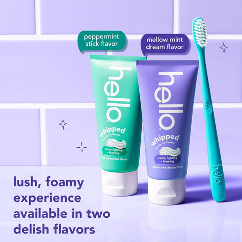 Pack, 2 Pack, 4.0 Oz Hello Whipped Mellow Mint Dream and Peppermint Stick Toothpaste Minty Adult Foam Toothpaste