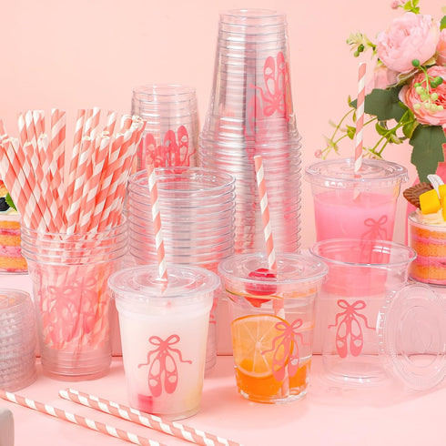 Jingmore 50 Sets Ballerina Disposable Cups with Lids and Straws Plastic Ballet Party Cold Beverage Drinking Cups