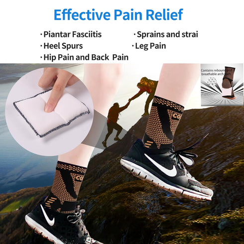 Copper Ankle Joint Brace, Compression Sleeve for Achilles Tendon and Plantar Fasciitis Pain Relief, Black, Large