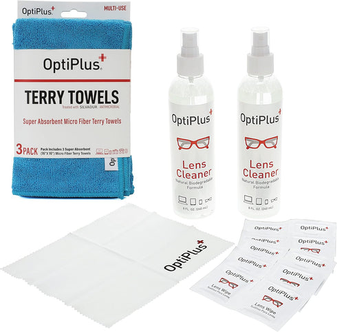 OptiPlus 16oz All Natural Lens and Screen Cleaning Pack, 3 Pack with Lens Wipes and Microfiber Cloth