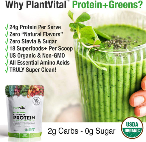Plantvital Unflavored Organic Vegan Protein Powder - 18 Superfoods, Gluten Free - 16oz (Pack of 2)