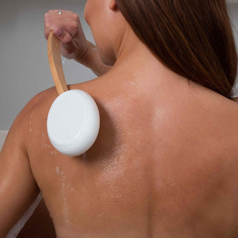Lotion Applicator for Back, Legs, Feet - Sunscreen Applicator, Long Curved Wooden Handle Body Brush