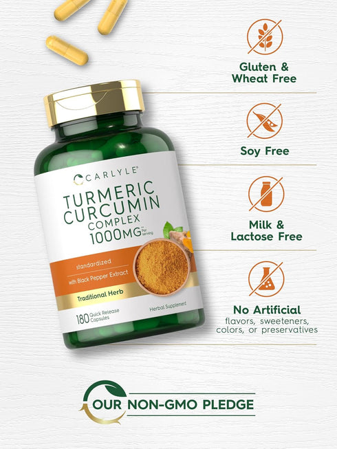 Carlyle Turmeric Curcumin with Black Pepper 1000mg | 180 Capsules | Non-GMO, Gluten Free Complex Supplement