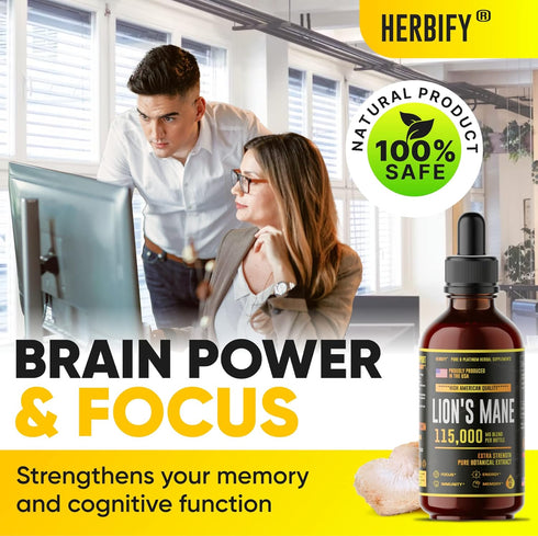 Lions Mane Supplement, 4 Fl oz, Daily Mushroom Supplement for Memory, Focus & Clarity, Vegan & Organic