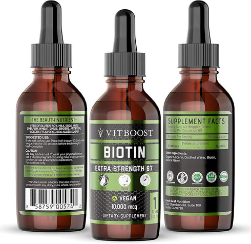 Extra Strength Biotin Liquid Drops | 10,000mcg | Organic Berry Flavor | 60 Servings | Vegan Formula for Hair Growth,
