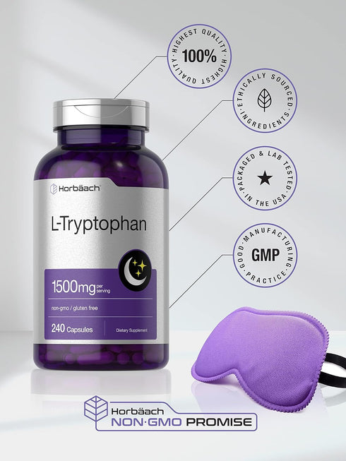 Horbaeach L Tryptophan 1500mg Capsules | 240 Count | Non-GMO, Gluten Free Nighttime Formula Supplement
