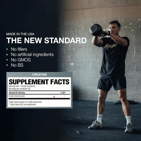 RAW Nutrition Creatine Monohydrate Powder - Unflavored (30 Servings) for Workout Performance, Muscle & Strength Building