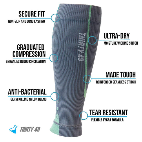 Thirty48 "The Sock Geeks" Cp Series Calf/Shin Splint Guard Compression Sleeves, 1 Pair, Gray/Green, Small