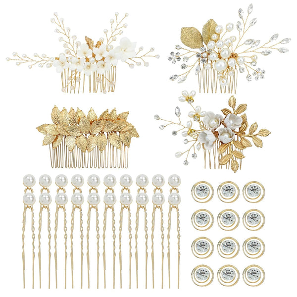 inSowni 36 Pack Gold Flower Leaf Bridal Wedding Hair Side Combs, U-shaped Pearl Hair Pins, Rhinestone Hair Clips