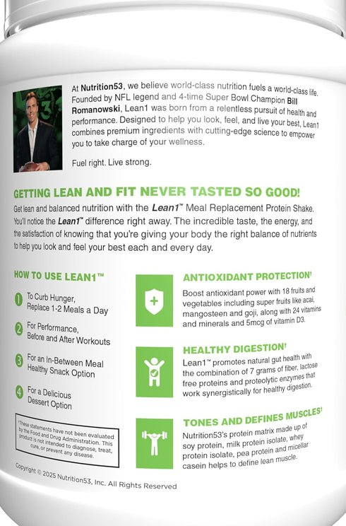 Lean1 15 Meal Replacement Protein Shake, Strawberry Flavor, Serving Tub