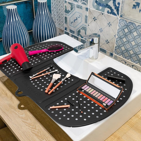 Sink Topper Foldable Sink Cover - Silicone Makeup Brush Cleaning Mat & Hot Tools Organizer - Large, Black