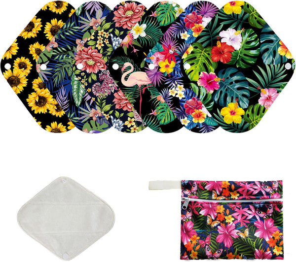 7pcs Set Reusable Menstrual Pads, Organic Bamboo Women Panty Liners, 6 Daily Use + 1 Mini Wet Bag