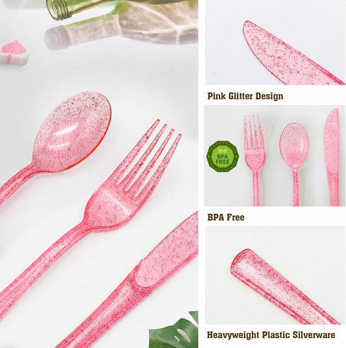 Plastic Utensils Set - 150 Pack Pink Silverware - 50 Forks, 50 Knives, 50 Spoons for Birthday, Wedding, Baby Shower