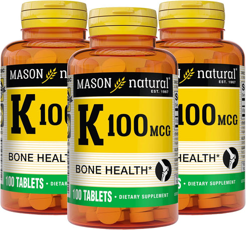 MASON NATURAL Vitamin K 100 mcg - Supports Joint and Bone Health, Helps Transport Calcium - 100 Tablets (Pack of 3)