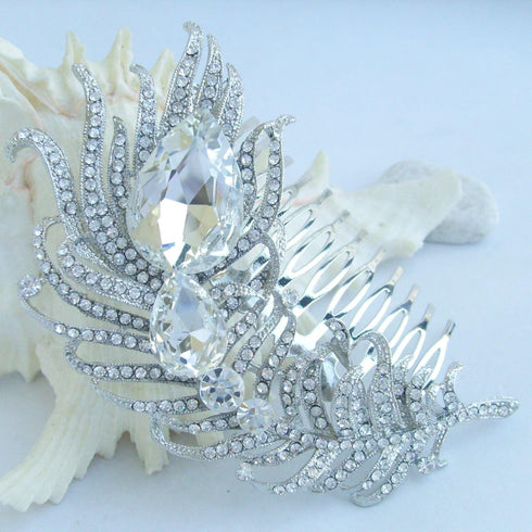 Sindary Wedding Headpiece 4.33" Rhinestone Crystal Bridal Peacock Feather Hair Comb Bridal Headdress for Women