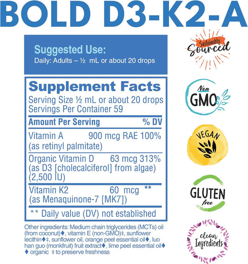 D3-K2-A, Liquid Vitamin Complex, Vegan Vitamin D3 from Organic Algae with Vitamin K2 (MK7) and Vitamin A for Immune Support, Natural Orange Flavor, Tastes Delicious, 1 FL OZ. (30mL)