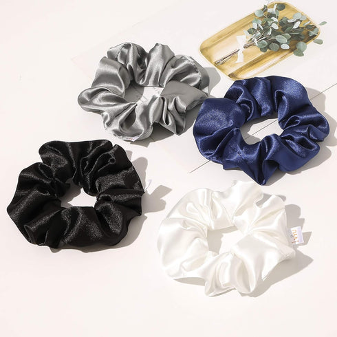 Ivyu 4 Pack Silk Scrunchies for Girls Women, Cute Hair Accessories Ponytail Holder in White, Black, Navy, Gray