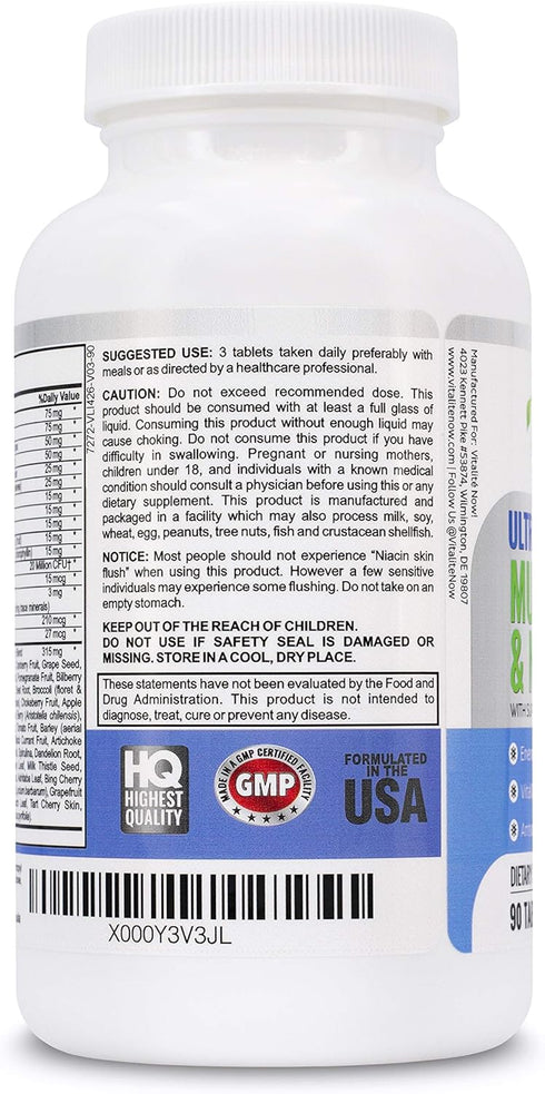 Vegan Whole Food Multivitamin & Mineral - 90 Tablets - Vitamins A B1 B2 B6 B12 C D3 E & 110 Super Foods, Herbs, Greens