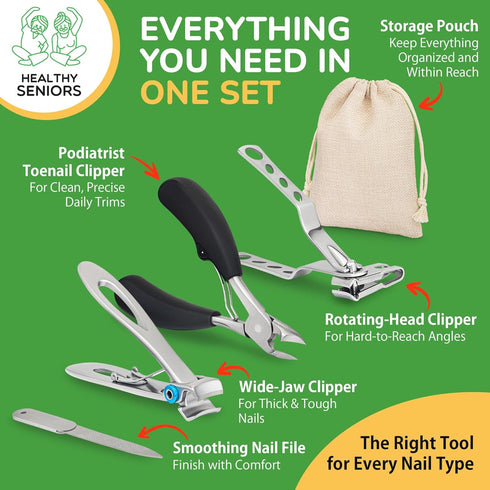Toenail Clippers for Seniors - 4-Piece Heavy Duty Nail Clipper Set with Podiatrist Grade Tools