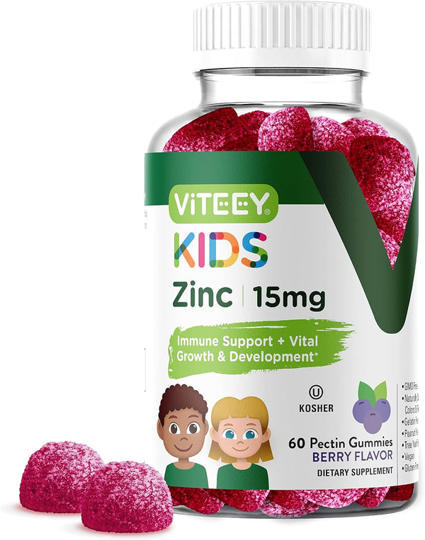 Zinc for Kids Gummies, 15mg, Immune Support for Kids & Teens, Vegan, Gelatin Free, Gluten Free, Tasty Berry Flavor