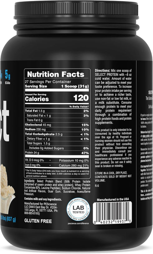 PEScience Select Low Carb Protein Powder, Gourmet Vanilla, 27 Servings, Keto Friendly