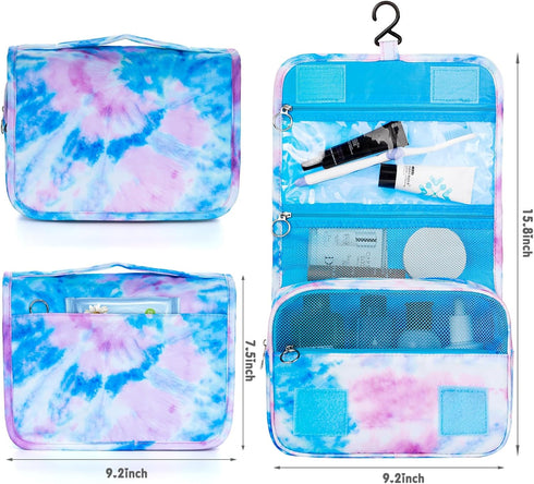 Kids Hanging Toiletry Bag for Girls, Waterproof Travel Makeup Wash Bag, Tie Dye Blue