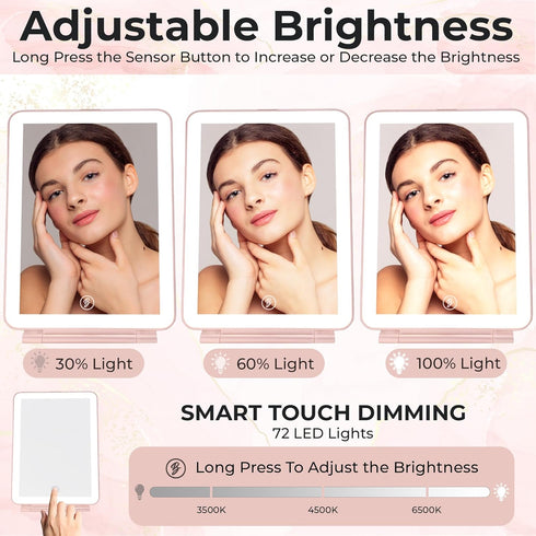 Rechargeable Travel Makeup Vanity Mirror, Led Lights, Portable, Dimmable with 3 Lighting Modes, Magnification, Tabletop Folding Cosmetic Mirror with Storage Bag, Rose Gold