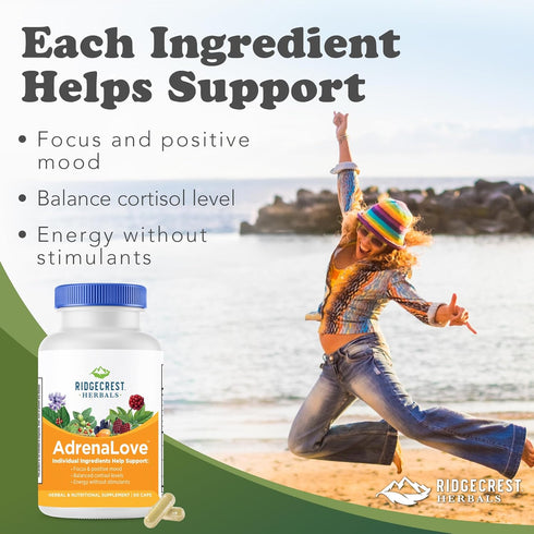 Ridgecrest Herbals AdrenaLove, Stress and Energy Support Supplement, 60 Vegan Caps, 30 Serv