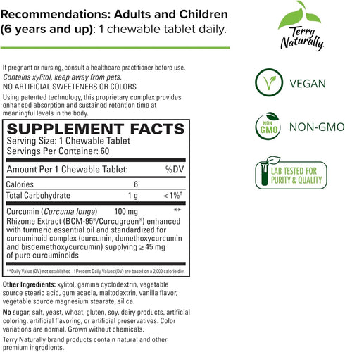 Terry Naturally CuraMed 100mg Curcumin Complex - 60 Chewable Tablets with Turmeric Essential Oil - Supports Liver,