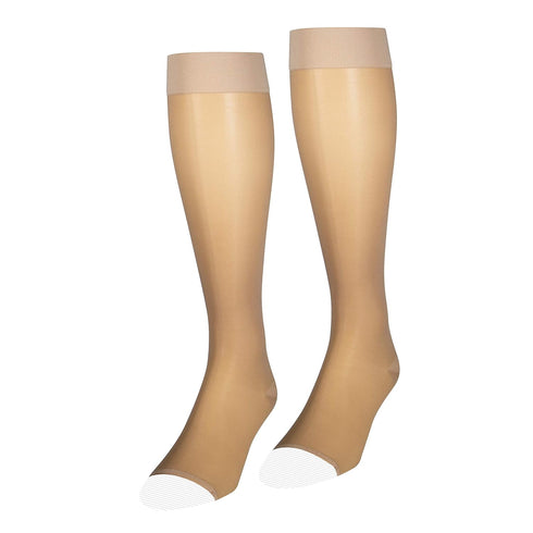 NuVein Sheer Compression Stockings, 15-20 mmHg Support, Knee High, Open Toe, Medium Denier, Beige, Medium