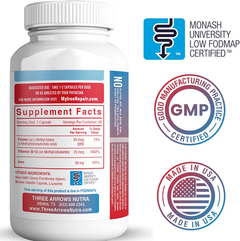 Iron Repair Plus Natural Iron Supplement, Best Absorption Gentle on Stomach, Monash Low FODMAP, Raise Hemoglobin & Ferritin for Women, Men, Teens & Pregnancy Methylated B-12 & Folate, 90 Capsules