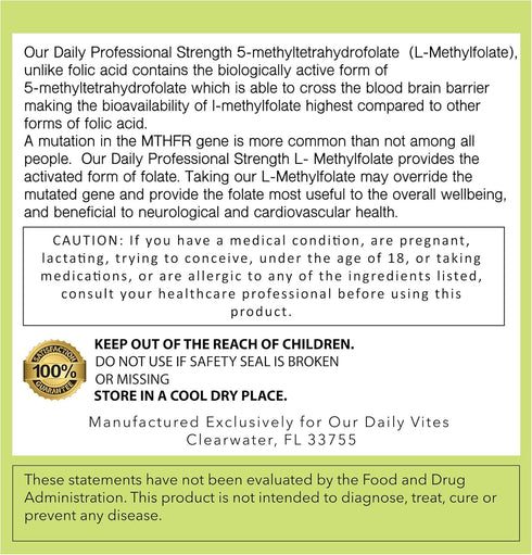 Our Daily Vites L-Methylfolate 1mg / 1000 mcg Maximum Strength Active Folate, 90 Count, Non-GMO