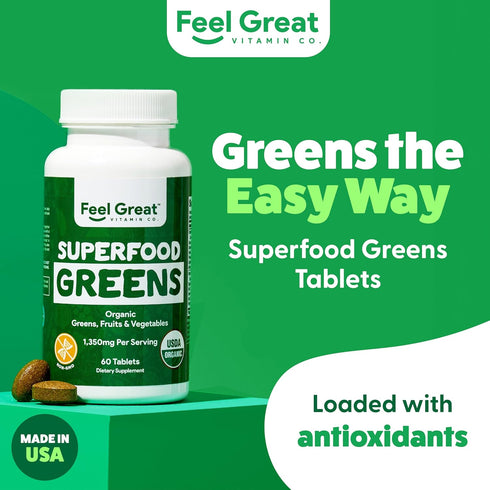Feel Great Vitamins Super Greens Tablets, Organic Supplement with Kale, 60 Tablets