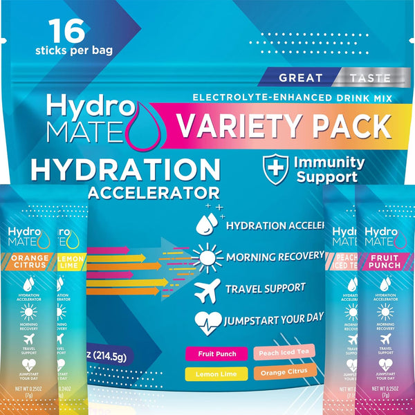 HydroMATE Electrolytes Powder Packets, Low Carb Hydration Accelerator Drink Mix, Variety Pack 16 Sticks