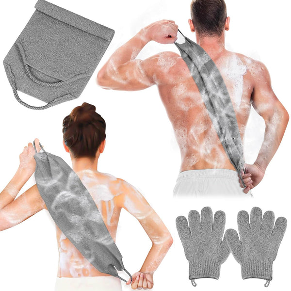 Anezus Exfoliating Back Scrubber Bath Gloves Set - Exfoliating Shower Towel with Gloves for Body Scrub (Grey)
