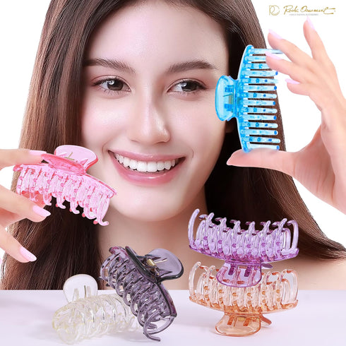 RC ROCHE ORNAMENT 6 Pcs Women's Classic Double Multi Layer Hair Claw - Interlocking Strong Hold, Medium Transparent
