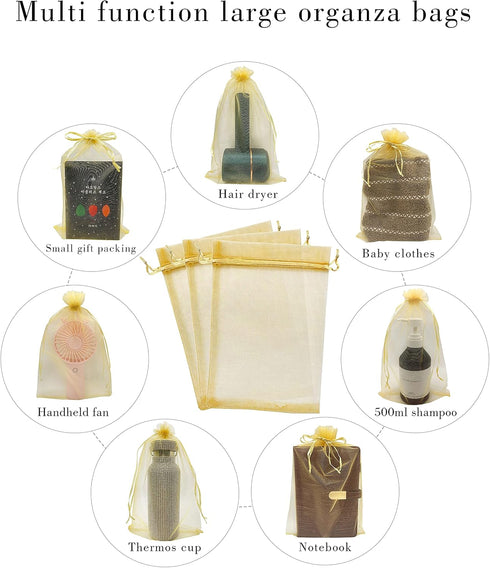 50pcs Large Organza Bags, 8X12 Inch Gold Sheer Mesh Drawstring Gift Pouches for Christmas Wedding Party Favors