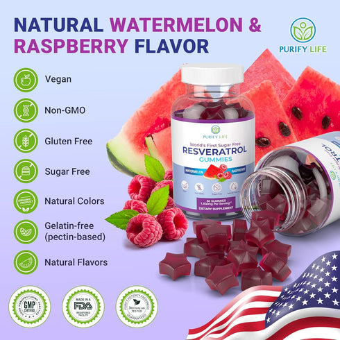 Purify Life Sugar-Free Resveratrol Gummies, 1500mg Supplement for Digestive & Immune Health, Antioxidant Support