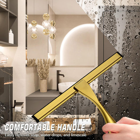 Stainless Steel Shower Squeegee for Glass Door, 10 Inch Clear with 3 Adhesive Hooks for Bathroom