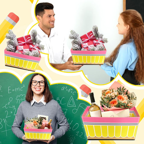 Moonld 5 Pcs Teacher Appreciation Gifts Pencil Empty Gift Basket with Handle Cardboard Gift Baskets Market Tray Pencil