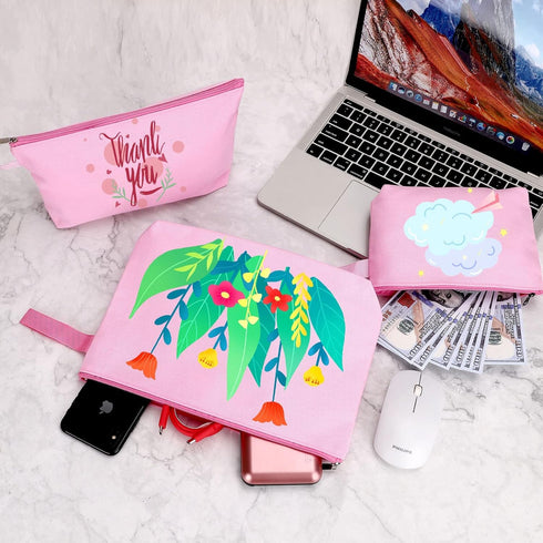 10 Pieces Cotton Canvas Makeup Bag with Bottom and Strap, Multi-Purpose Cosmetic Pouch, Blank DIY Craft Bag (Pink, L)